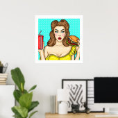 Pop Art Girl met Burger Kitchen 24x24 Poster (Thuiskantoor)