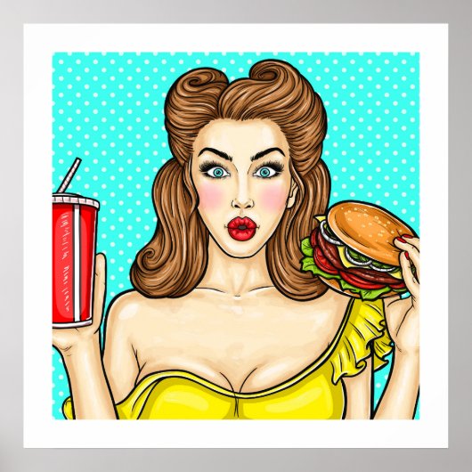 Pop Art Girl met Burger Kitchen 24x24 Poster (Voorkant)