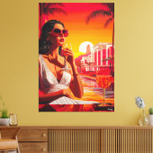 Pop Art Glamoureuze vrouw bij zonsondergang met wi Canvas Afdruk (Insitu (Woonkamer))