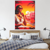 Pop Art Glamoureuze vrouw bij zonsondergang met wi Canvas Afdruk (Insitu (Slaapkamer))