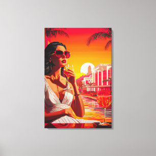 Pop Art Glamoureuze Vrouw bij Zonsondergang met Wi Canvas Afdruk