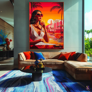 Pop Art Glamoureuze vrouw bij zonsondergang met wi Canvas Afdruk