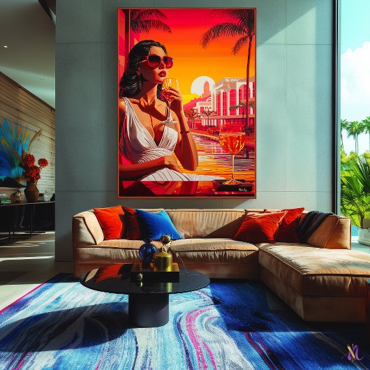 Pop Art Glamoureuze vrouw bij zonsondergang met wi Canvas Afdruk