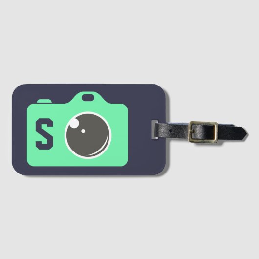 Pop Art Green Camera Blue Monogram Bagagelabel (Voorkant (horizontaal))