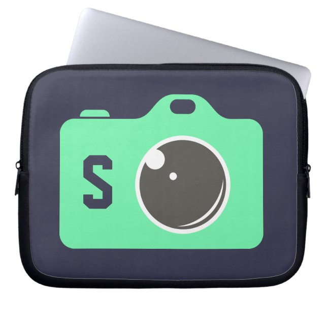 Pop Art Green Camera Blue Monogram Laptop Sleeve (Voorkant)