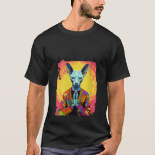 Pop Art Haarloze Sphynx Mediterende Kattengebed V T-shirt