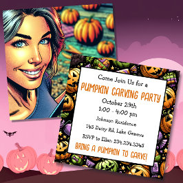 Pop Art Halloween Pumpkin Carving Party Kaart