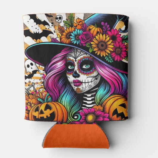 Pop Art Halloween Suikerschedel, spook en pompoene Blikjeskoeler (Achterkant)