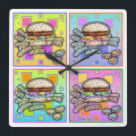 Pop Art HAMBURGER WALL CLOCK Vierkante Klok<br><div class="desc">Pop Art HAMBURGER met VRIJ. Een klassiek pop-kunstschilderij van de All American Burger & French Fries - een sesamzaadje en pekelchips als zijkanten! Retro en plezier,  perfect voor restaurants,  diners en de keuken thuis.</div>