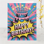 Pop Art Happy Birthday Cake Kaart (Gele Bloem)