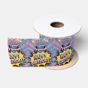 Pop Art Happy Birthday Cake Satijnen Lint