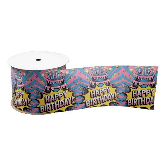 Pop Art Happy Birthday Cake Satijnen Lint (Spoel)