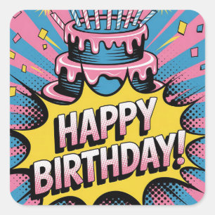 Pop Art Happy Birthday Cake Vierkante Sticker