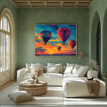 Pop Art Hete Luchtballon - Avontuur in de lucht Poster<br><div class="desc">Deze kleurrijke ballonscène uit de pop art is voorzien van meerdere ballonnen die tegen een prachtige zonsonderganghemel vliegen en de sfeer van vrijheid en avontuur vastleggen. Perfect voor degenen die houden van exploratie en de schoonheid van de open lucht, dit kunstwerk brengt een gevoel van verwondering naar elke ruimte. Pas...</div>