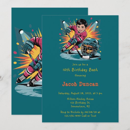 Pop Art Hockey Speler Verjaardag Bash Kaart (Voorkant / Achterkant)