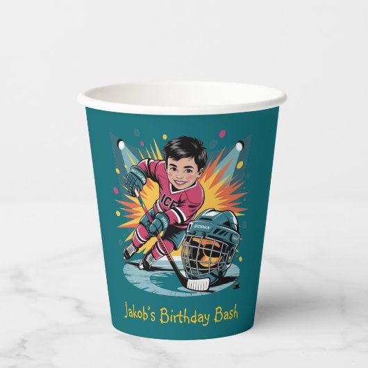 Pop Art Hockey Speler Verjaardag Bash Papieren Bekers (Voorkant)