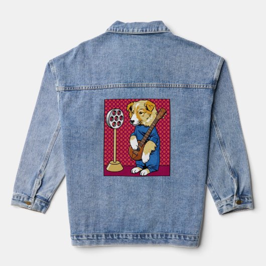 Pop Art Hond Speelt Instrument Retro Strip Denim Jacket (Achterkant)