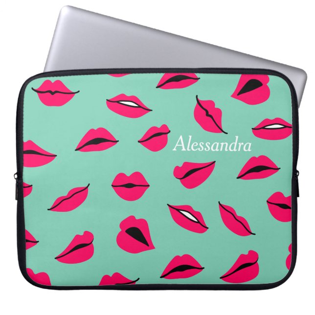Pop Art Hot Pink Lips Gepersonaliseerde Munt Laptop Sleeve (Voorkant)