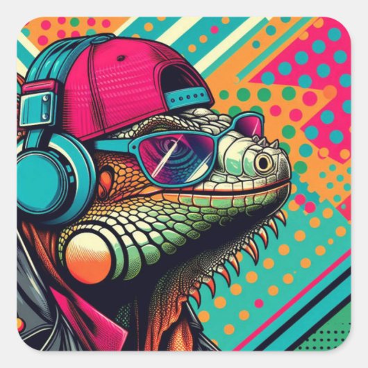 POP ART IGUANA 2 VIERKANTE STICKER (Voorkant)