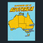 Pop Art Illustrated Australië Poster<br><div class="desc">Deze geïllustreerde kaart van Australië is weergegeven in een levendige pop art stijl. De kaart is in het zwart geschetst en gevuld met een felgele kleur,  tegen een blauwe achtergrond met een gestippeld patroon. De grote steden van Australië zijn gelabeld in blauwe dozen</div>