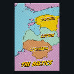 Pop Art Illustrated Baltische Staten kaart Perfect Poster<br><div class="desc">Een gestileerde kaart van de Baltische staten, Estland, Letland en Litouwen, weergegeven in een stripboekstijl. De kaart is in het zwart geschetst en vol levendige kleuren: Estland is geel, Letland is lichtgroen en Litouwen is oranje. De achtergrond is een roze en paarse stippelpatroon.</div>
