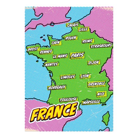 Pop Art Illustrated Frankrijk kaart Foto Afdruk (Voorkant)