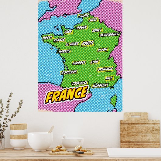 Pop Art Illustrated Frankrijk kaart Poster (Keuken)
