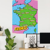 Pop Art Illustrated Frankrijk kaart Poster (Thuiskantoor)