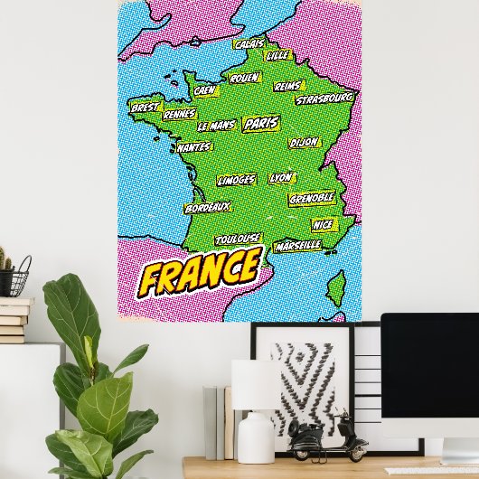 Pop Art Illustrated Frankrijk kaart Poster (Thuiskantoor)