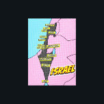Pop Art Illustrated Israel kaart Canvas Afdruk<br><div class="desc">Een gestileerde kaart van Israel in een pop art stijl,  met een zwarte omtrek van het land op een roze en blauw gestippelde achtergrond. De kaart is gelabeld met grote steden en locaties in gele dozen,  waaronder Jeruzalem,  Tel Aviv,  Berseba en Eilat.</div>