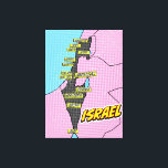 Pop Art Illustrated Israel kaart Canvas Afdruk<br><div class="desc">Een gestileerde kaart van Israel in een pop art stijl, met een zwarte omtrek van het land op een roze en blauw gestippelde achtergrond. De kaart is gelabeld met grote steden en locaties in gele dozen, waaronder Jeruzalem, Tel Aviv, Berseba en Eilat.</div>