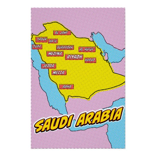 Pop Art Illustrated Saoedi-Arabië kaart Perfect Poster (Voorkant)