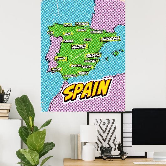 Pop Art Illustrated Spanje kaart Poster (Thuiskantoor)