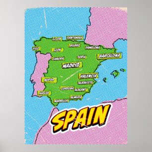 Pop Art Illustrated Spanje kaart Poster