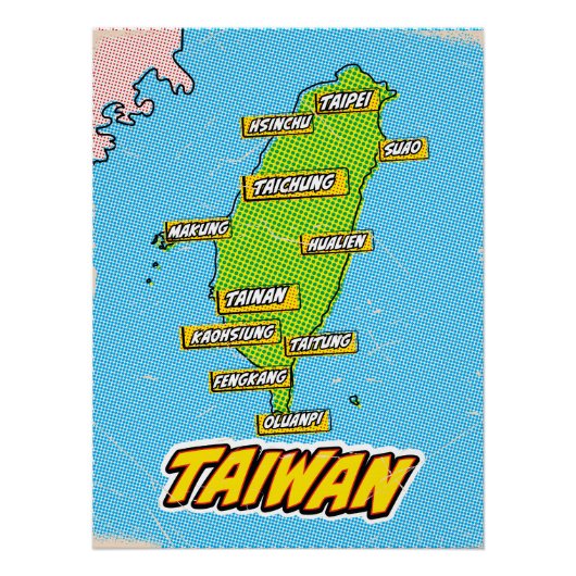 Pop Art Illustrated Taiwan kaart Perfect Poster (Voorkant)