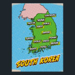 Pop Art Illustrated Zuid-Korea kaart Perfect Poster<br><div class="desc">Een pop kunst stijl kaart van Zuid-Korea met een felblauwe achtergrond en een gestippeld patroon.</div>