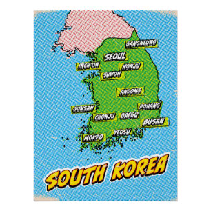 Pop Art Illustrated Zuid-Korea kaart Perfect Poster
