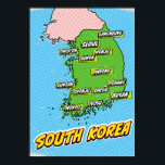 Pop Art Illustrated Zuid-Korea kaart Poster<br><div class="desc">Een pop kunst stijl kaart van Zuid-Korea met een felblauwe achtergrond en een gestippeld patroon.</div>