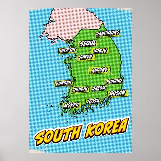 Pop Art Illustrated Zuid-Korea kaart Poster (Voorkant)