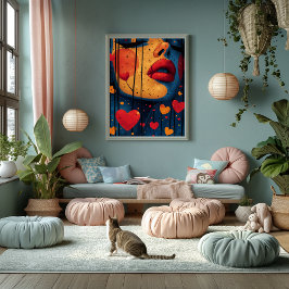 Pop Art Intenso: Rostro y Corazones Foto Afdruk