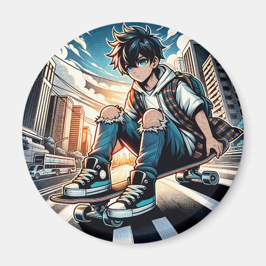 Pop Art-jongen op skateboard in de stad Magneet (Voorkant)