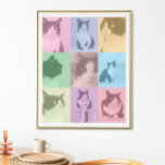 Pop Art Kat 9 Foto Moderne Retro Kleurblok Poster<br><div class="desc">Een op maat gemaakte pop art-stijl 9-foto poster klaar voor het uploaden van je favoriete foto's van je kat of hond . Een overlay van kleurrijke transparante kleurblokken in pastelkleuren roze, blauw, geel, groen en paars. Originele kunstwerk ©Marisu Valencia</div>