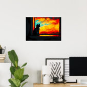 Pop Art Kat bij Zonsondergang - Uitzicht vanuit he Poster (Thuiskantoor)
