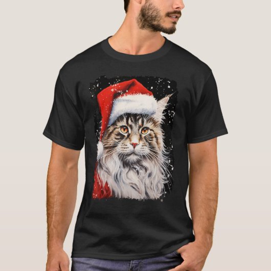 Pop Art Kerst Maine Coon Kat T-shirt (Voorkant)