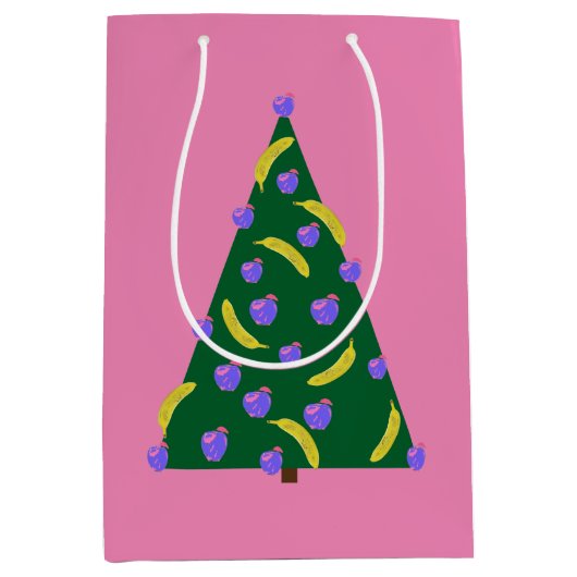 Pop Art Kerstboom met Appels & Bananen Roze  Medium Cadeauzakje (Voorkant)