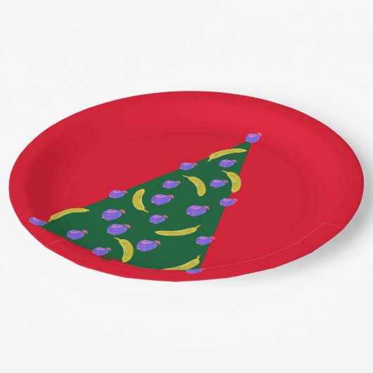 Pop Art kerstboom met appels en Bananas Red Papieren Bordje (Gekanteld)