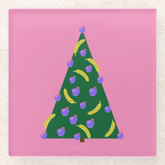 Pop Art kerstboom met appels en Bananas Roze Glazen Onderzetter (Voorkant)