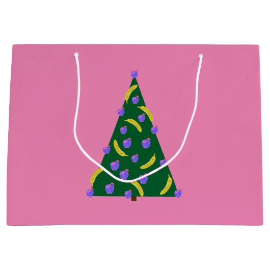Pop Art kerstboom met appels en Bananas Roze Groot Cadeauzakje (Voorkant)