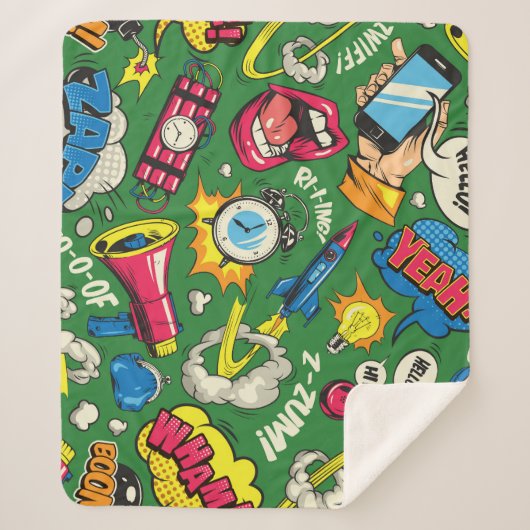 Pop Art: Kleurrijke Comic Naadloos Sherpa Deken (Voorkant)