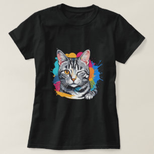 Pop Art Knipogende Lapjeskat Spatwerk T-shirt